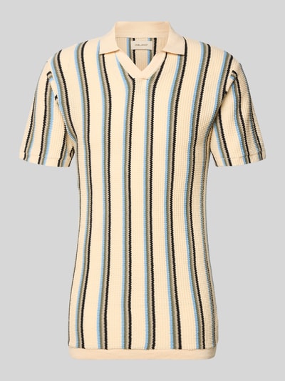 Produktfoto, Slim Fit Poloshirt mit V-Ausschnitt Modell 'AMOS' von Blend, Herren Poloshirt aus Reine Baumwolle im Allover-Look, beige mit blauen und schwarzen Streifen, Rückenlänge bei Größe M 71 cm, strukturierte Textur