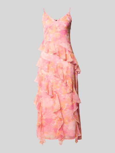 Produktfoto, Figurbetontes Midikleid mit Rüschen Modell 'SMILLA' von Vero Moda, szyfon, efekt: wzór na całej powierzchni, krój podkreślający figurę, długość midi, dekolt w serek, wzór w grochy, falbany, halka pod sukienkę, zapięcie: ukryty zamek błyskawiczny, cienkie ramiączka, bez rękawów