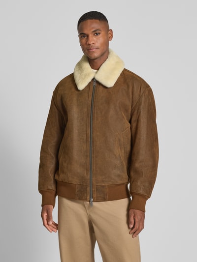 BOSS Orange Regular fit leren jack met afneembare kraag van lamsvacht, model 'JONIER' Chocoladebruin - 4