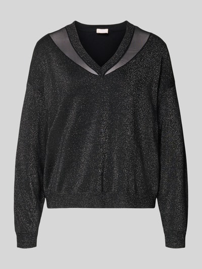 Produktfoto, czarny Relaxed Fit Pullover aus Viskose-Mix in Strick-Optik od LIU JO SPORT, semitransparentne partie, długi rękaw, dekolt V, elastyczne wykończenia, długość tyłu w rozmiarze S: 59 cm, długość rękawa w rozmiarze S: 49 cm