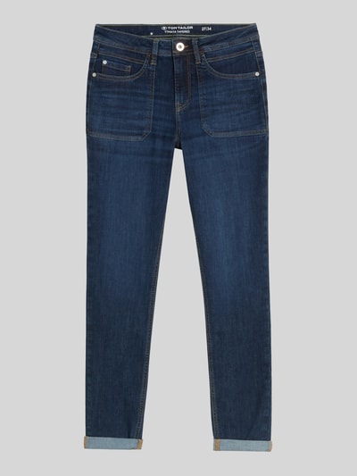 Produktfoto, donkerblauwe tapered fit jeans uit mix van katoen en elastaan, zichtbare stiksels, Tapered Fit Jeans uit katoenmix Model 'MAYA' van Tom Tailor, dames tapered fit jeans van Tom Tailor