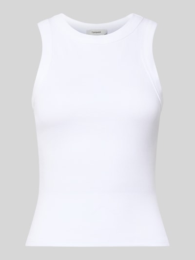 Produktfoto, weißes Tanktop in Ripp-Optik Modell 'MARY' von Topshop aus Baumwoll-Elasthan-Mix, Slim-Fit, Rundhalsausschnitt.