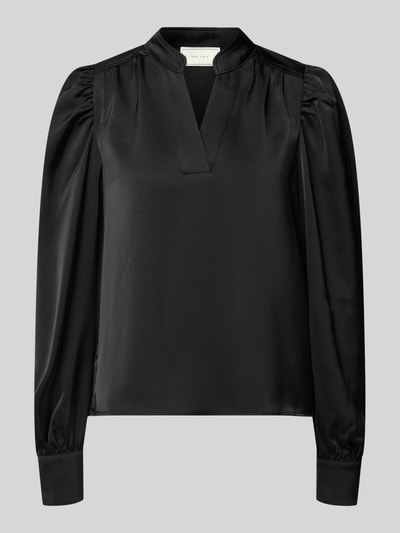 Produktfoto, czarna bluzka z długim rękawem z elastycznej mieszanki materiałów Neo Noir Model 'Rosslyn', satyna, luźny krój, dekolt w serek, ramiona z marszczeniami, bufiaste rękawy, długość tyłu w rozmiarze 36: 56 cm, długość rękawów w rozmiarze 36: 70 cm