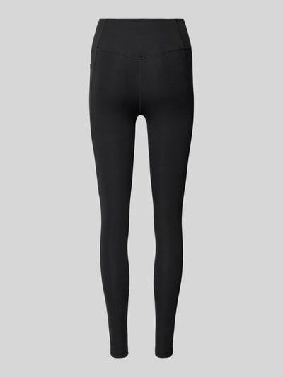 Produktfoto, schwarze Sport-Leggings mit Logo-Print Modell 'OPT ESS ST 1/1' von adidas Training, glatte Textur vor grauem Hintergrund.