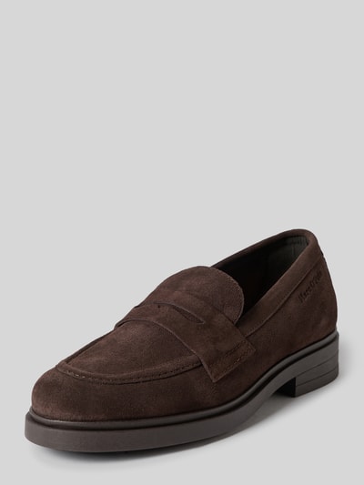 Produktfoto, brązowe loafersy z miękkiej skóry, wyraźna faktura zamszu, zaokrąglony nosek, Loafer aus echtem Leder Modell 'Paula 34' von Marc O'Polo, damskie loafersy