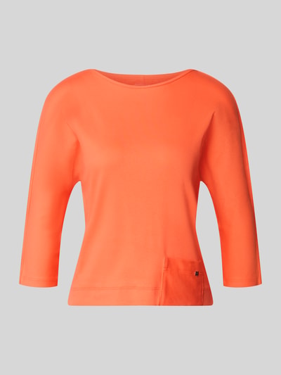 Produktfoto, T-Shirt mit 3/4-Arm von Marc Cain, bawełna z elastanem, prosty krój, dekolt łódka, kieszeń przy brzegu, naszywka z logo, długość pleców 49 cm w rozmiarze 36, intensywny pomarańczowy odcień