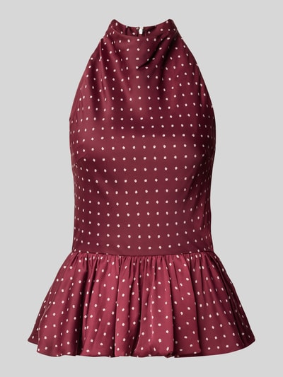 Produktfoto, Slim Fit Bluse mit Peplum-Saum von ROTATE aus bordeauxfarbenem Satin mit floralem Allover-Print, ärmellos, Detailansicht.