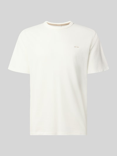 Produktfoto, cremefarbenes Regular Fit T-Shirt aus Baumwoll-Mix Modell 'Alves' von JACK & JONES, Logo-Detail, glatte Textur, Rundhalsausschnitt, Rückenlänge bei Größe M 70 cm