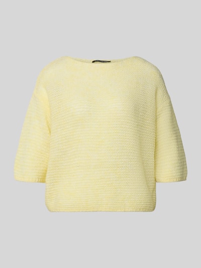 Produktfoto, Relaxed Fit T-Shirt mit Alpaka-Anteil in Strick-Optik von Luisa Cerano, gelb, Material-Mix mit Alpaka-Anteil, Rundhalsausschnitt, Halbarm, elastische Abschlüsse, weiche Struktur, Rückenlänge 51 cm, Ärmellänge 46 cm bei Größe 36