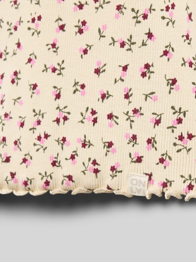 Productfoto, Slim Fit T-shirt uit katoenmix model 'TRINNY' van Only, all-over bloemenmotief, fijnribstructuur, frill zoom, beige met roze en bordeaux bloemen