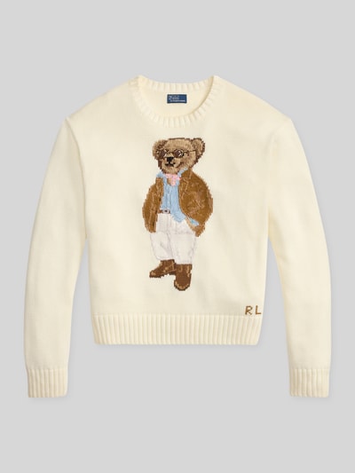 Produktfoto, Regular Fit Strickpullover mit Polo Bear von Polo Ralph Lauren, kremowy, dzianina z czystej bawełny, aplikacja z motywem Polo Bear