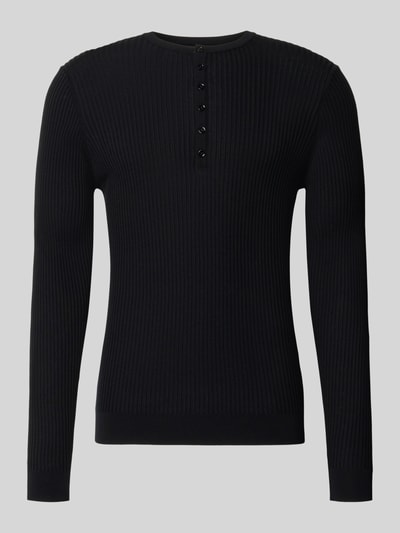 Produktfoto, Strickpullover aus Lyocell-Woll-Mix mit Knopfleiste von Antony Morato, schwarz, Ripp-Optik, Slim Fit, Rundhalsausschnitt