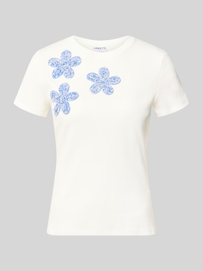 Produktfoto, Regular Fit T-Shirt mit floralem Zierbesatz von Jake*s Casual aus reiner Baumwolle in Weiß mit blauen Blumen vorn, Rundhalsausschnitt, Rückenlänge 55 cm bei Größe S.