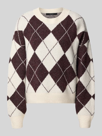 Produktfoto, Pullover mit Rundhalsausschnitt von VERO MODA im Allover-Muster mit Motiv-Print, langarm, gerippte Abschlüsse, synthetischer Materialmix, Farben Creme und Dunkelrot, strukturierte Oberfläche.