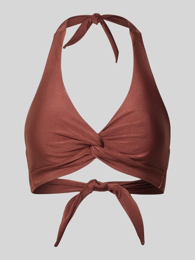 Produktfoto, Bikini-Oberteil mit Neckholder Modell 'Isla' van Barts, materiaalmix met stretch, voorgevormde cups, knoopdetail, V-hals, halter-sluiting, dames bikini-Oberteil, gladde textuur, bruine kleur