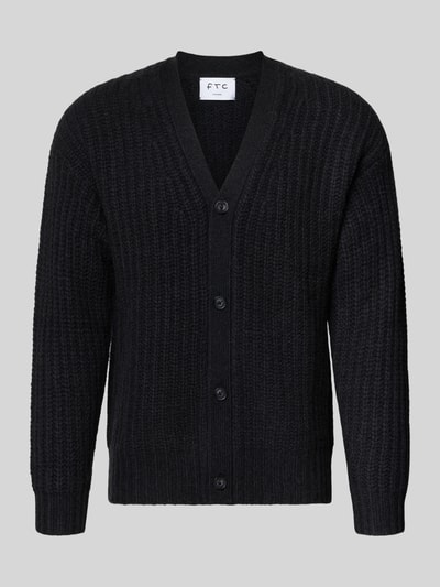 Produktfoto, Cardigan aus Kaschmir-Mix mit V-Ausschnitt von FTC Cashmere, dunkel, gerader Schnitt, Knopfleiste, strukturierte Oberfläche