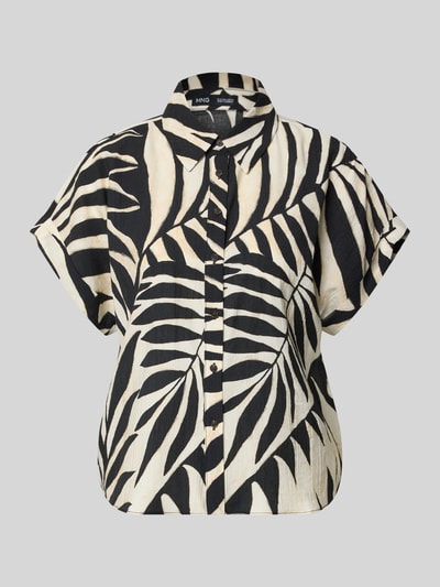 Produktfoto, Bluse aus Viskose-Mix mit Hemdblusenkragen Modell 'LIFE' von Mango, schwarz-beiges Blattmuster, glatte Textur, Knopfleiste