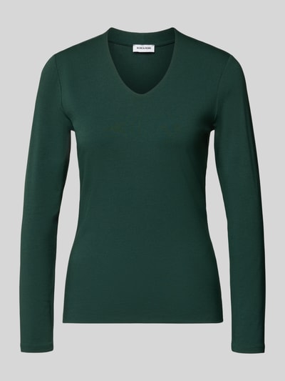 Produktfoto, Longsleeve mit V-Ausschnitt von MORE & MORE in dunklem Grün, glatte Baumwoll-Mix-Oberfläche, Regular Fit, Rückenlänge 62 cm.