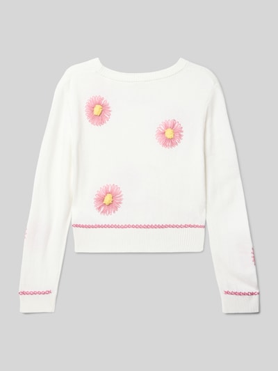 Guess Regular Fit Longsleeve in Strick-Optik mit floralem Zierbesatz Ecru 3