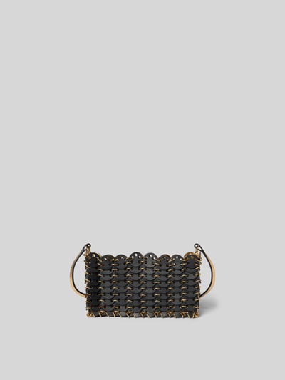 Produktfoto, Handtasche mit Paillettenbesatz von Rabanne, schwarz-goldene Farben, rechteckige Form, strukturierte Oberfläche, 19x10x3 cm, offenes Hauptfach und Schulterriemen.