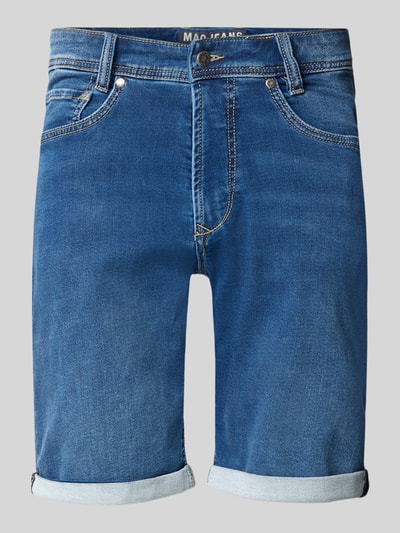 Produktfoto, Bermudas in Denim-Optik von MAC, krój regular fit, używany wygląd, kieszenie, podwinięte nogawki, szerokość w rozmiarze 32: 44 cm, długość wewnętrzna nogawki w rozmiarze 32: 25 cm, niebieski jeans, tekstura materiału