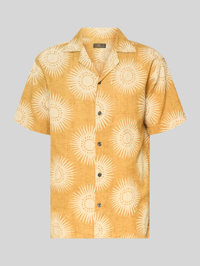Produktfoto, Regular Fit Freizeithemd im Allover-Look Modell 'BILBAO' von Jack & Jones Premium in Gelb mit weißem Muster, reine Baumwolle, Reverskragen, kurze Ärmel, sommerliche Struktur