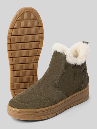 Produktfoto, Chelsea Boots aus reinem Leder von Tamaris in Optik: Unifarben mit runder Schuhspitze, Absatzform: Flach, Logo-Prägung, Sohle: Strukturiert, Materialverarbeitung: Veloursleder