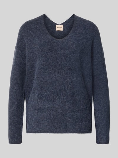 Produktfoto, dunkelblauer Strickpullover aus Woll-Mix mit V-Ausschnitt Modell 'THORA' von MOS MOSH, Alpaka-Anteil, Regular Fit, strukturierte Oberfläche
