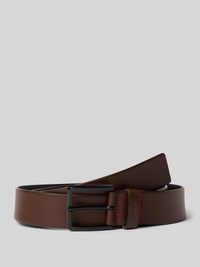 Productfoto, leren herenriem van HUGO, Gürtel aus Leder Modell 'Gionio' met doornsluiting, logo, 4 cm breed, bruin met zwarte gesp, gladde textuur.