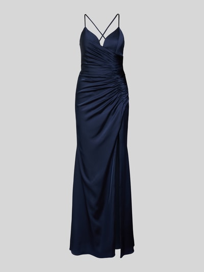 Produktfoto, Abendkleid mit rückseitiger Schnürung von Mascara aus dunkelblauem Satin, figurbetonter Schnitt, Maxilänge, Herz-Ausschnitt.