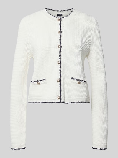 Productfoto, Strickjacke aus Viskose-Mix Modell 'Kumma' van JOOP! in wit met zwarte contrastkleur stitchings, ronde hals, knoopsluiting, regular fit, dames, ruglengte 50 cm, mouwlengte 66 cm, viscosemixstructuur