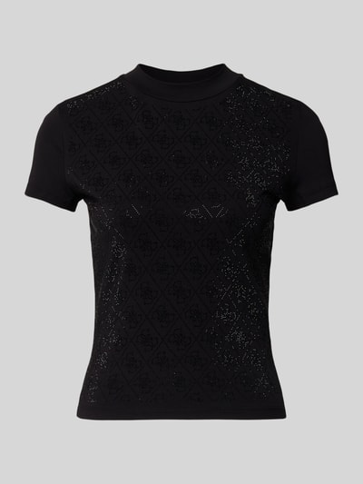 Produktfoto, Slim Fit T-Shirt mit Allover-Strasssteinbesatz von Guess, czarny damski t-shirt, stójka, bawełna i elastan, detal z logo, długość tyłu 51 cm dla rozmiaru S
