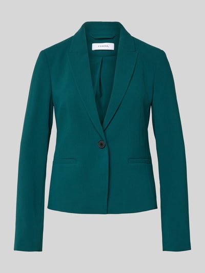 Produktfoto, Slim Fit Blazer mit Paspeltaschen von Comma in dunklem Grün, mit Reverskragen und Knopfverschluss, glatte Textur. Rückenlänge bei Größe 36: 54 cm, Brustweite 42 cm, Ärmellänge 51 cm.