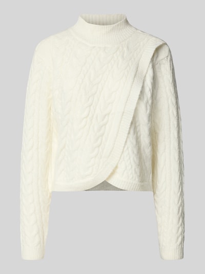 Produktfoto, Strickpullover mit Woll-Anteil in Wickel-Optik von Apricot, cremefarben, Zopfmuster, Stehkragen, Regular Fit, Material-Mix