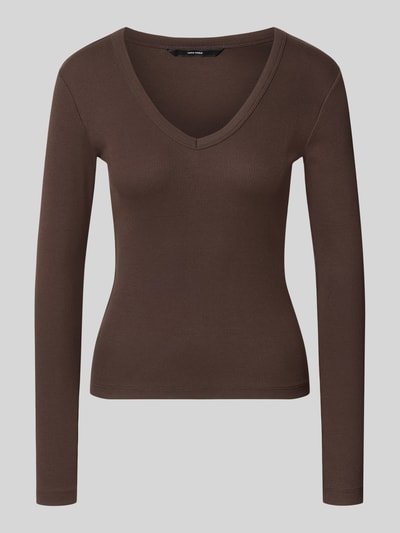 Produktfoto, braunes Slim Fit Langarmshirt aus Baumwoll-Mix Modell 'CHLOE' von VERO MODA, Damen Langarmshirt, schlichte Oberfläche