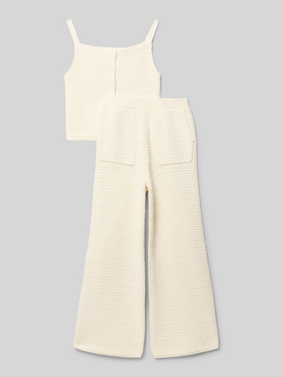 Produktfoto, cremefarbenes Regular Fit Häkel-Top und Hose aus reiner Baumwolle im Set von Polo Ralph Lauren Teens, unifarben, Wide Leg, Karree-Ausschnitt, Spaghetti-Träger, elastischer Bund, seitliche Eingrifftaschen, gehäkelte Textur