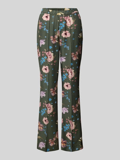 Produktfoto, Hose aus Viskose mit elastischem Bund von Oui im Allover-Look mit Blumenmuster, Regular-Fit, grün-rosa, sichtbare Längsnähte
