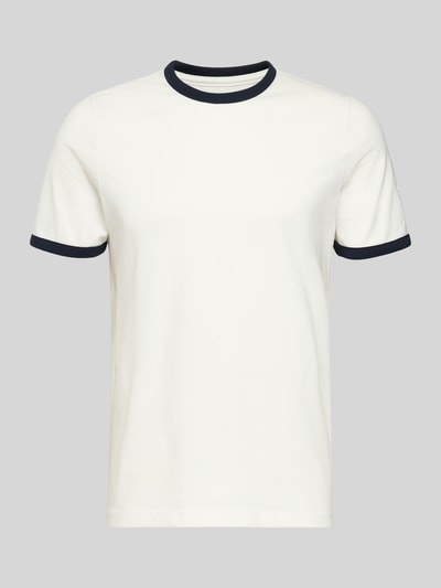 Produktfoto, Slim Fit T-Shirt mit Rundhalsausschnitt von MCNEAL z czystej bawełny, krój slim fit, krótkie rękawy, długość tyłu w rozmiarze M: 70 cm, biały z czarnymi akcentami, gładka tekstura