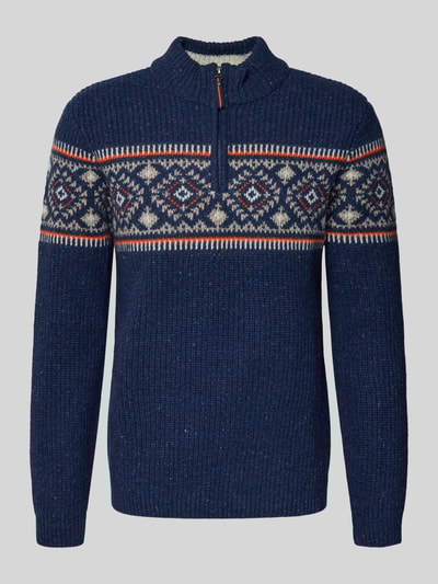 RAGMAN Sweter z mieszanki wełny z norweskim wzorem i kołnierzem zapinanym Granatowy 2
