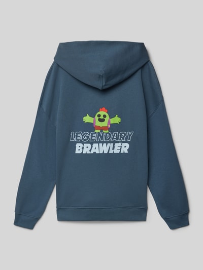 Produktfoto, Regular Fit Hoodie mit Statement-Print von Mango im Baumwoll-Mix, dunkelblau mit buntem Print und elastischen Abschlüssen.