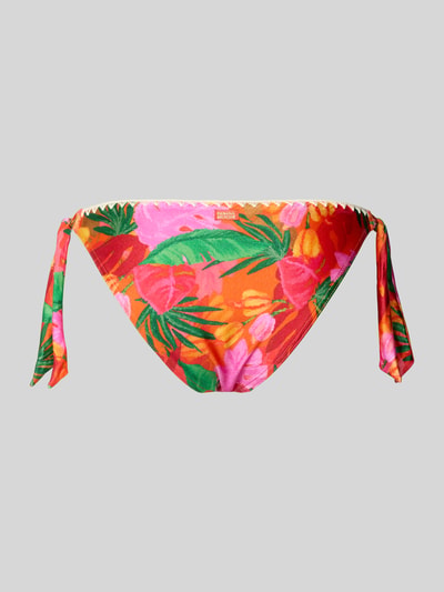 Produktfoto, Bikini-Slip mit seitlicher Schnürung Modell 'DIMKA ALAMEA' von Banana Moon, florales Muster in Rot, Pink, Grün und Orange, Ziernähte, Material-Mix mit Stretch-Anteil