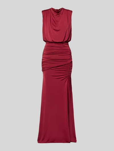 Produktfoto, Abendkleid mit Drapierungen und Wasserfall-Ausschnitt von Lipsy in Dunkelrot, Maxikleid aus Material-Mix mit Stretch-Anteil
