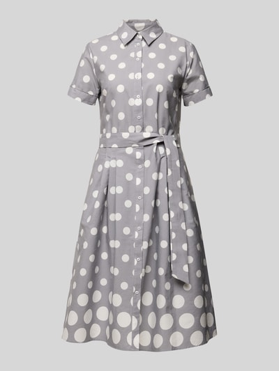 Produktfoto, Hemdblusenkleid mit Bindegürtel von More & More, graue Baumwolle, weiße Punkte, A-Linie, Midikleid, strukturierte Oberfläche