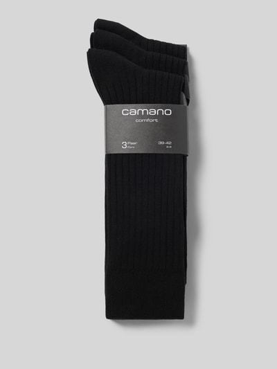 Produktfoto, Socken aus Baumwoll-Mix Modell 'Comfort' im 3er-Pack von camano, elastischer Bund, schwarze Farbe, strukturierte Oberfläche