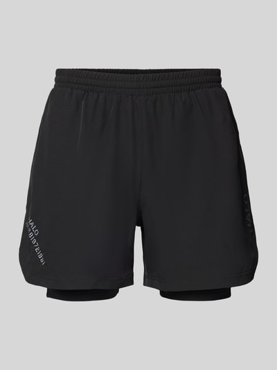 Produktfoto, Shorts im 2-in-1-Look von HALO in Schwarz, elastischer Bund, Material-Mix mit Stretch, Regular Fit, glatte Textur.