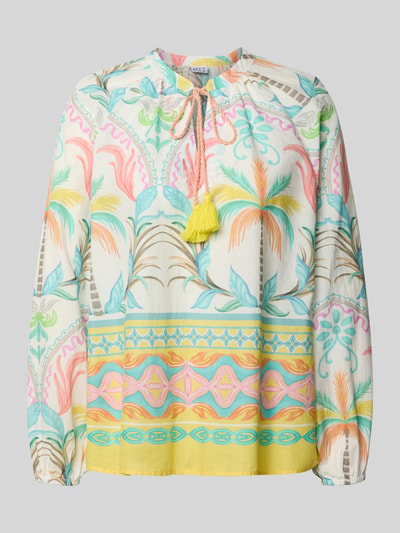 Produktfoto, Relaxed Fit Bluse mit Schlüssellochausschnitt von Emily Van den Bergh aus Reine Baumwolle, Floraler-Print, Allover-Print, Langarm, sanfte Pastellfarben, strukturierte leichte Oberfläche, Rückenlänge 65 cm, Ärmellänge 60 cm, Größe 36