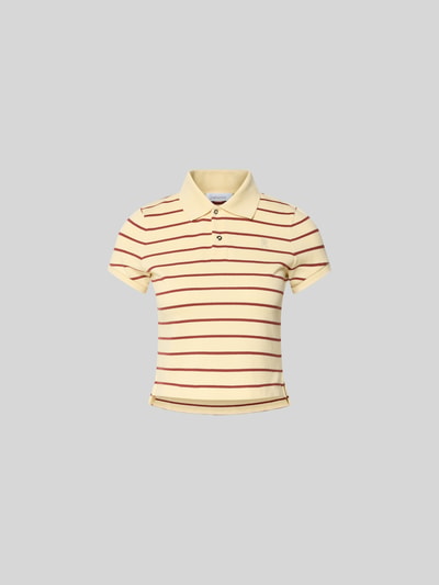 Produktfoto, Cropped Poloshirt aus reiner Baumwolle von Rabanne, Damen Poloshirt in Gelb mit roten Streifen, Polokragen, verlängerte Rückseite, kurzärmelig