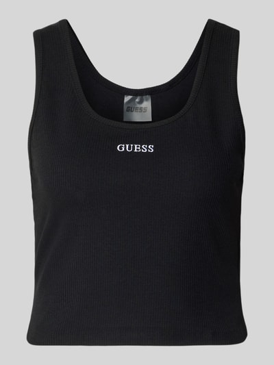 Produktfoto, schwarzes Slim Fit Top mit Logo-Stitching Modell 'Circe' von Guess Activewear, elastischer Material-Mix, Rundhalsausschnitt