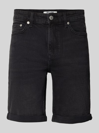 Produktfoto, Regular Fit Jeansshorts aus Baumwoll-Mix Modell 'PLY' von Only & Sons in schwarzer Denim-Optik mit 5-Pocket-Design, Label-Patch, Gürtelschlaufen und Beinabschluss mit Umschlag.