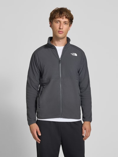 Männermodel trägt Regular Fit Jacke mit Stehkragen Modell 'GLACIER' von The North Face, grau, mit Logo-Print und Reißverschluss, Ganzkörperansicht von vorne.